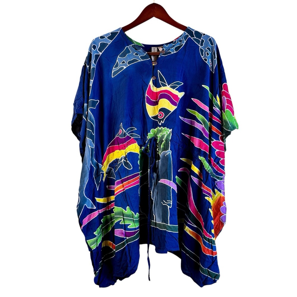 Kristin Design Hawaii Batik Kaftan Top Blue Tropical Fish Drawstring Coverup